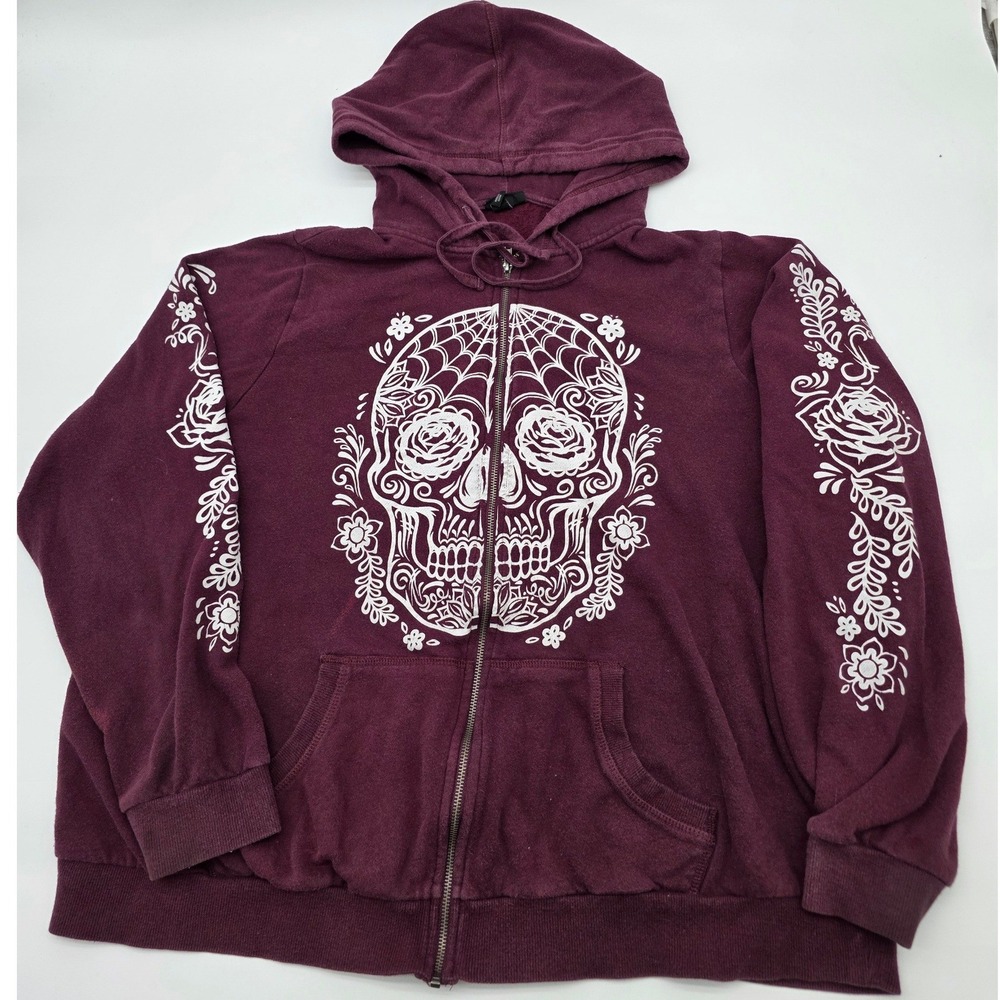Streetwear Hoodie W 2X Burgundy Sugar Skull Rose Graphic Zip Full Fleece Goth